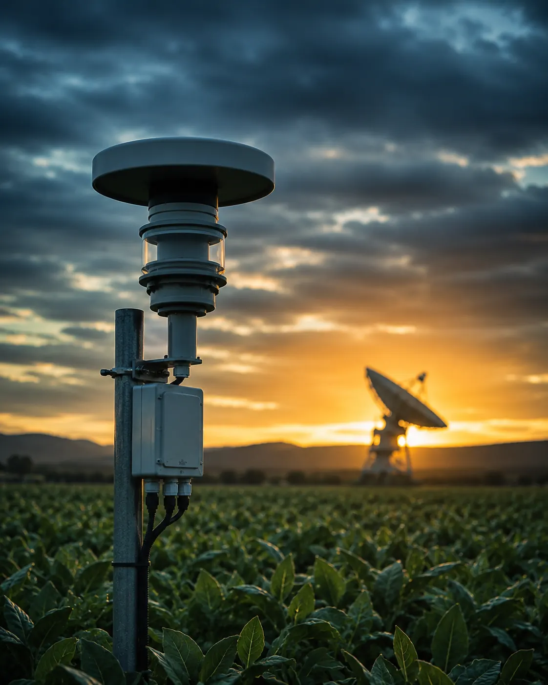 Vista aérea de operação agrícola monitorada por satélite e sensores
